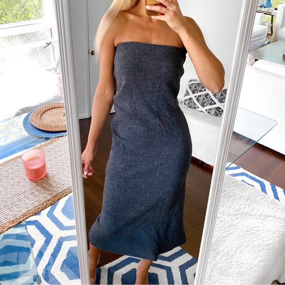🩶 ZARA GREY WOOL STRAPLESS FITTED RUCHED MIDI DRESS! - Picture 2 of 16